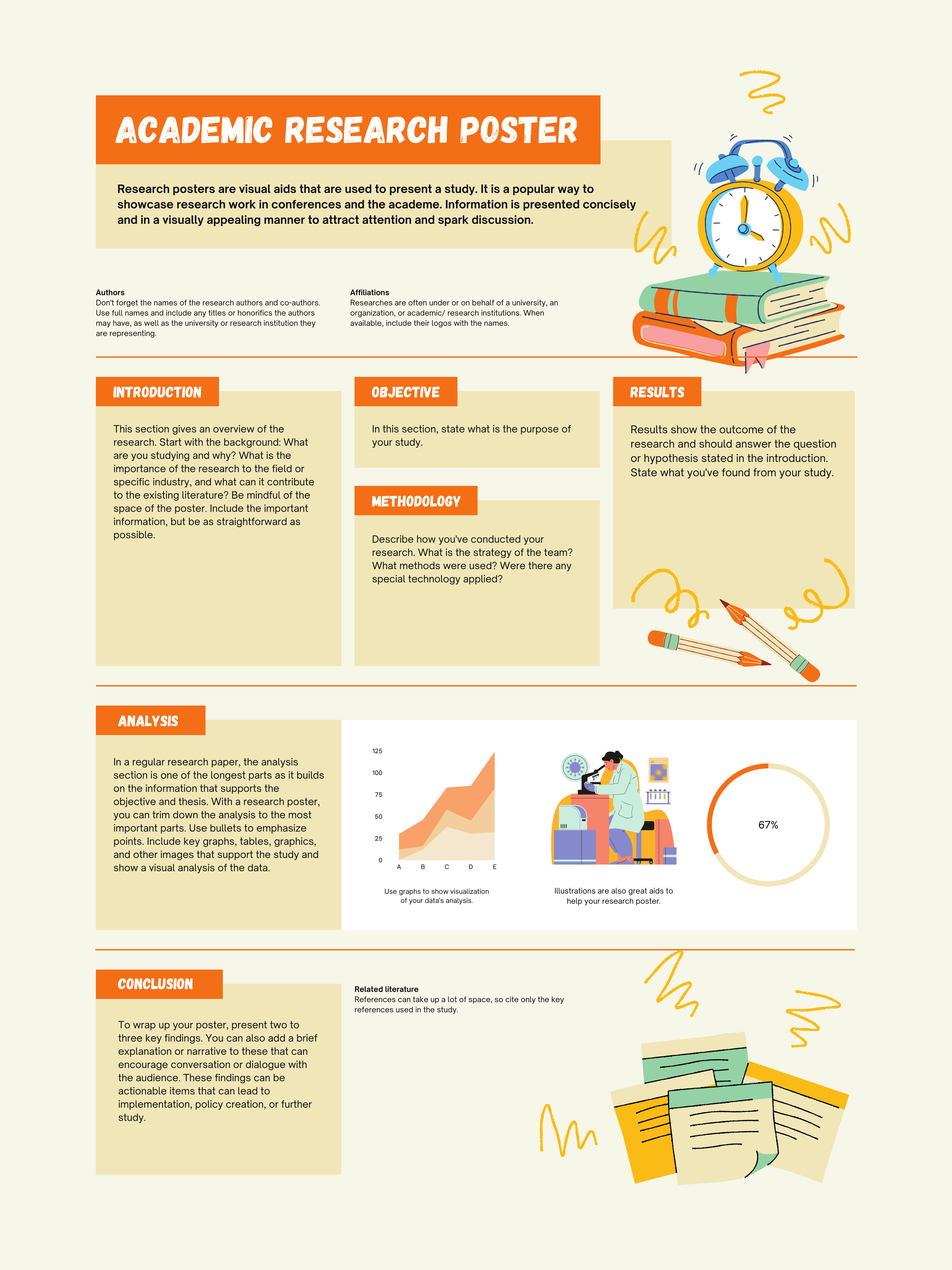 The picture shows the lay-out of an academic poster. The background color is a soft yellow. On it are several darker yellow block for the different components such as author information, introduction, methods, results and conclusion. Titles and headings are in orange blocks. On the right-hand side of the poster different pictures and figures are placed to illustrate the content of the poster.